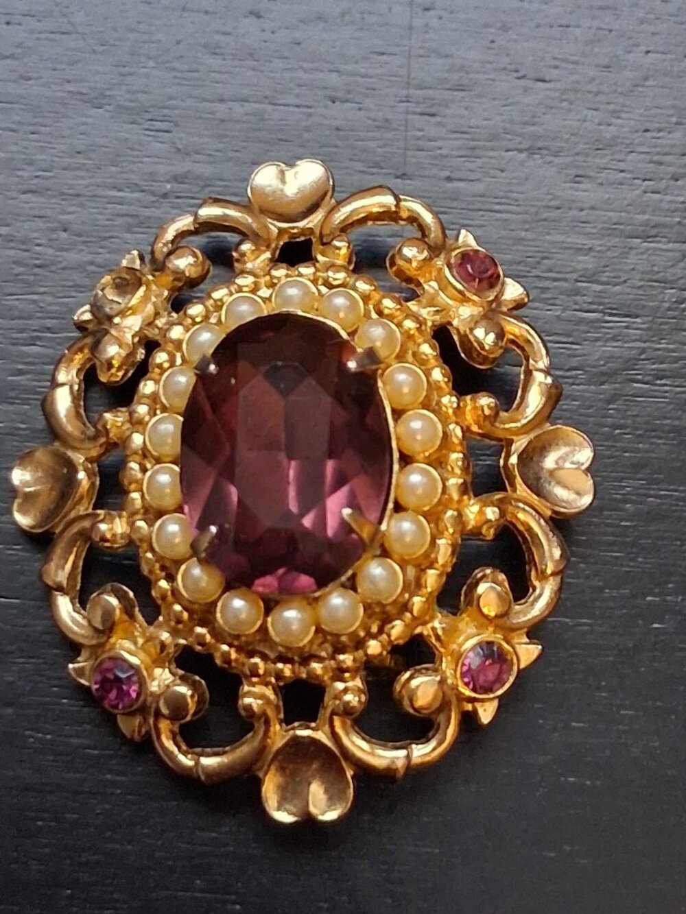 VTG coral Victorian revival brooch. Filigree Design faux amethyst purple Cabocho